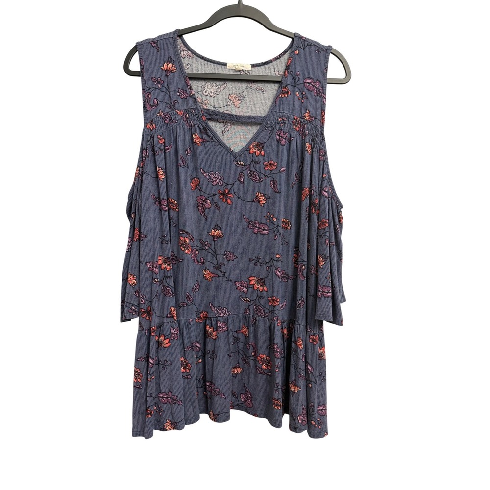 Maurices Women Blue Floral Cold Shoulder Peplum Top Ribbed V-Neck Blouse‎ Size 2